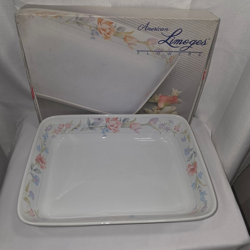 American Limoges Flowers Fine Porcelain 12.75" Rectangular Baker‎ Floral Japan